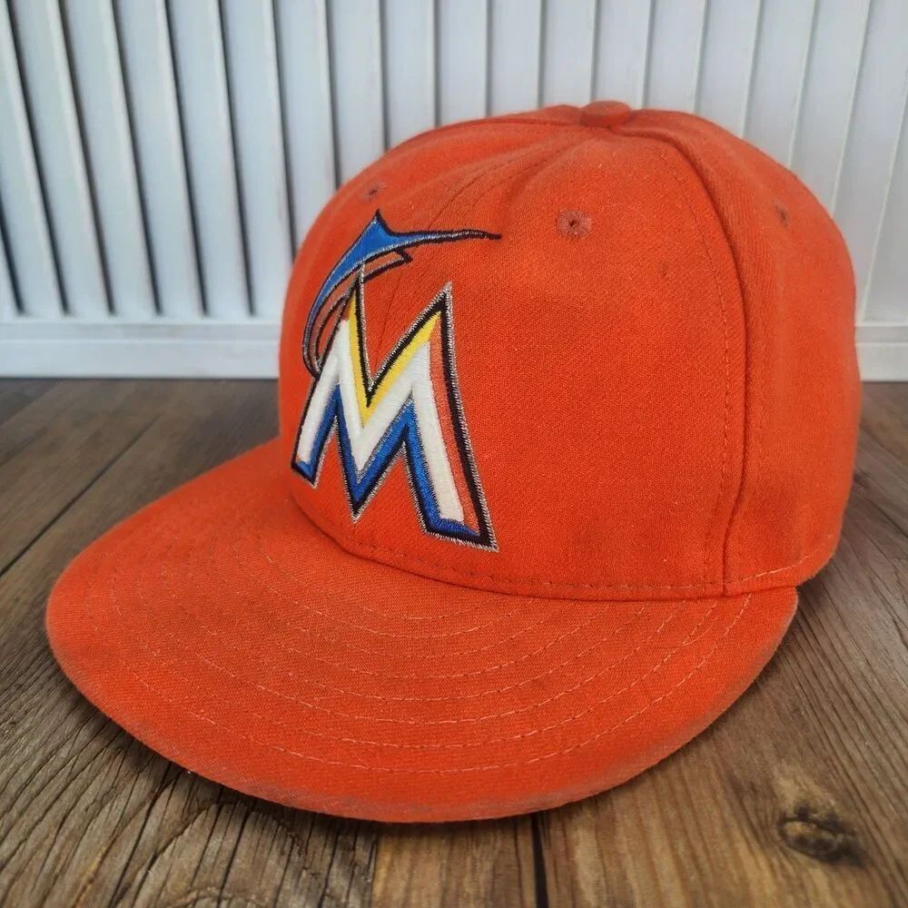 Miami Marlins New Era 59fifty Fitted Sz 7 1/8 Hat Cap Orange Baseball On-Field